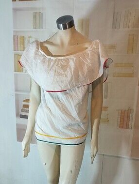 Lane Bryant White Off-Shoulder Ruffle Top with Red, Yellow & Green Trim